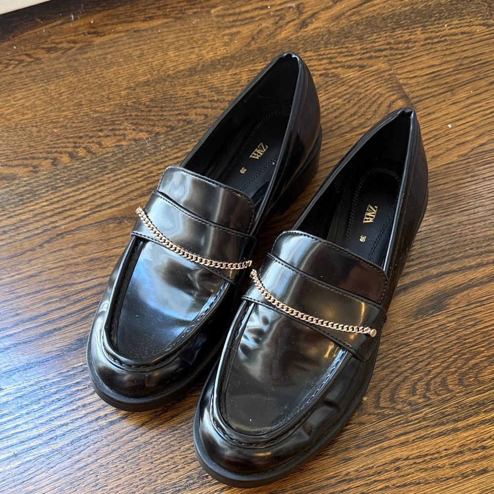 Zara Glossy Black Loafers with Gold Chain
